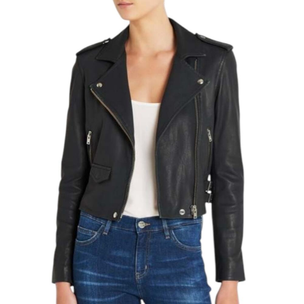 IRO Ashville Black Lambskin Leather Moto Biker Jacket RARE Size US 10 EU 42
